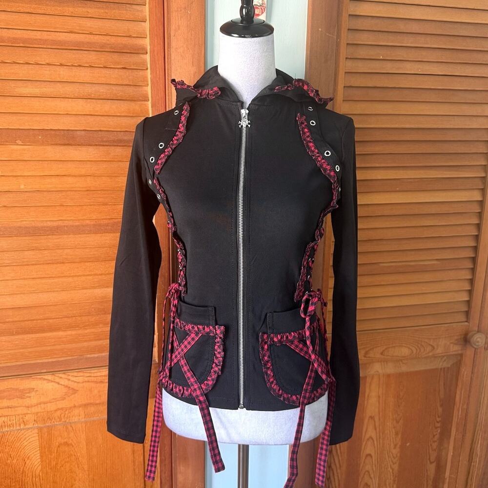 Tripp NYC Gothic Lolita Punk Black & Red Plaid Accents Lace-Up Sides Hoodie